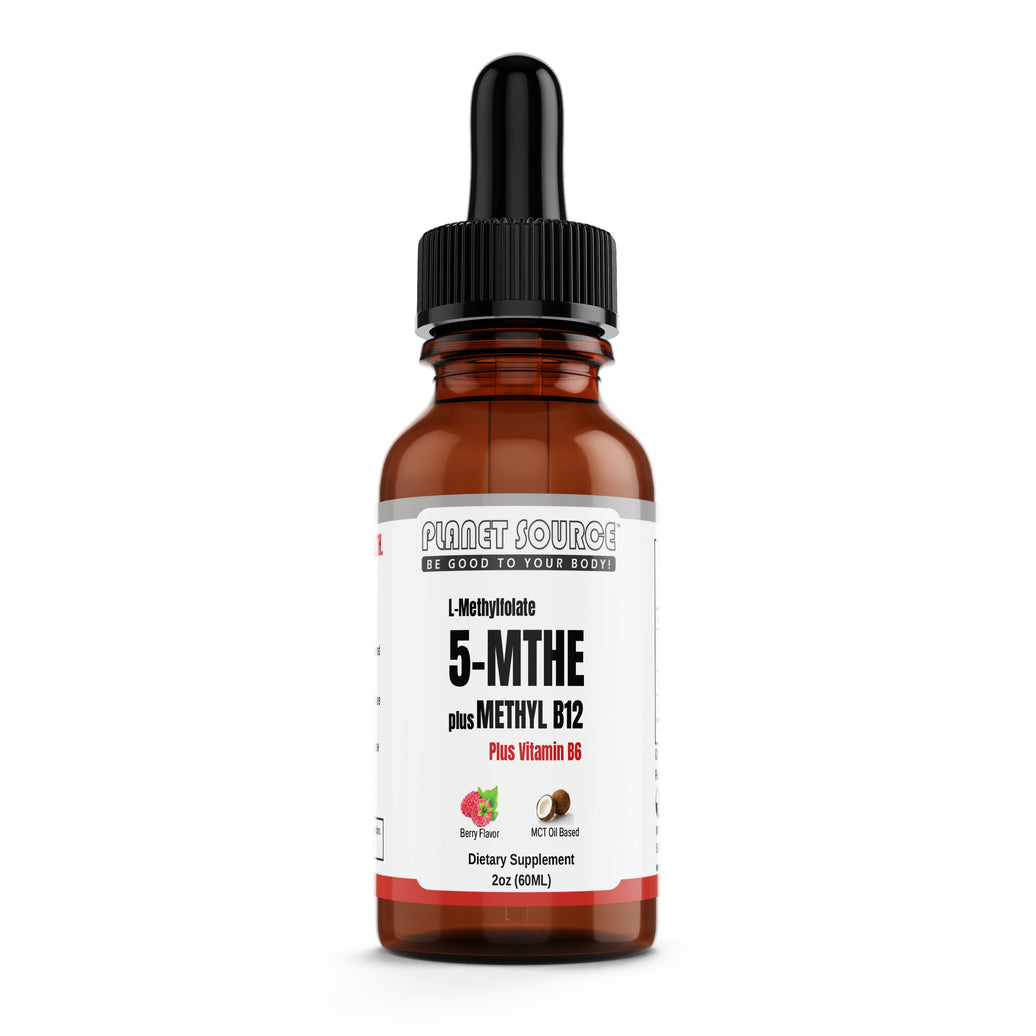 Supplement bottle labeled '5-MTHF plus Methyl B12' by Planet Source on a white background
