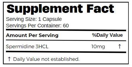 Spermidine 10mg 60 capsules dietary supplement by Planet Source. Supports cellular health, autophagy, and metabolism with vegetable capsules.