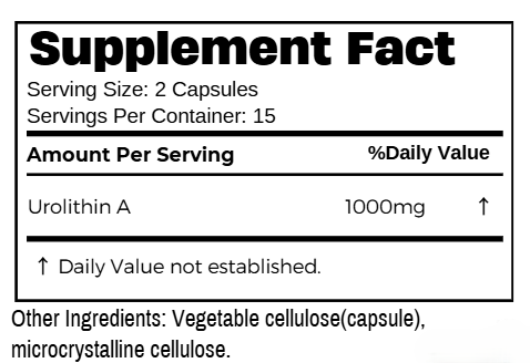 Supplement label with Urolithin A ingredients and serving details.