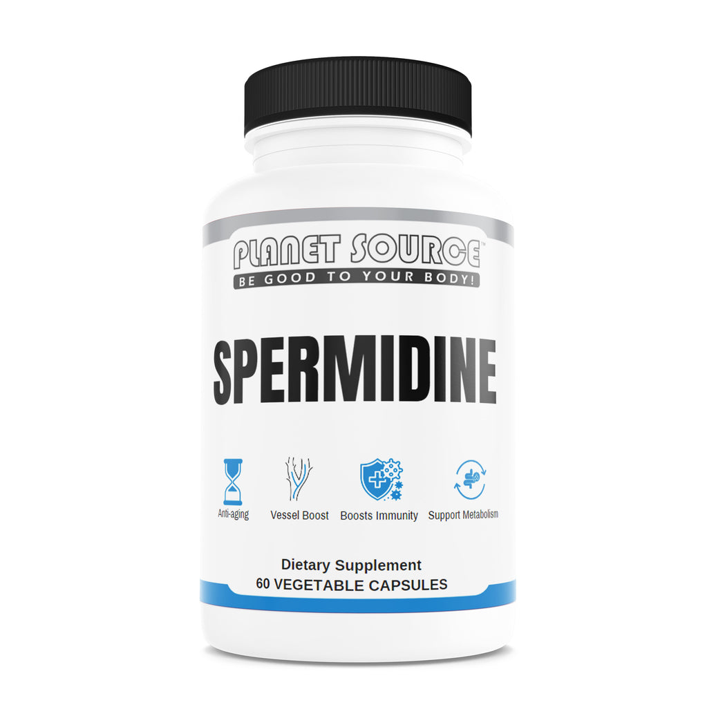 Spermidine 10mg 60 capsules dietary supplement by Planet Source. Supports cellular health, autophagy, and metabolism with vegetable capsules.