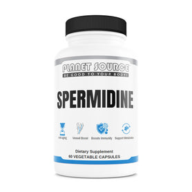 Spermidine 10mg 60 capsules dietary supplement by Planet Source. Supports cellular health, autophagy, and metabolism with vegetable capsules.