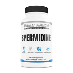 Spermidine 10mg 60 capsules dietary supplement by Planet Source. Supports cellular health, autophagy, and metabolism with vegetable capsules.